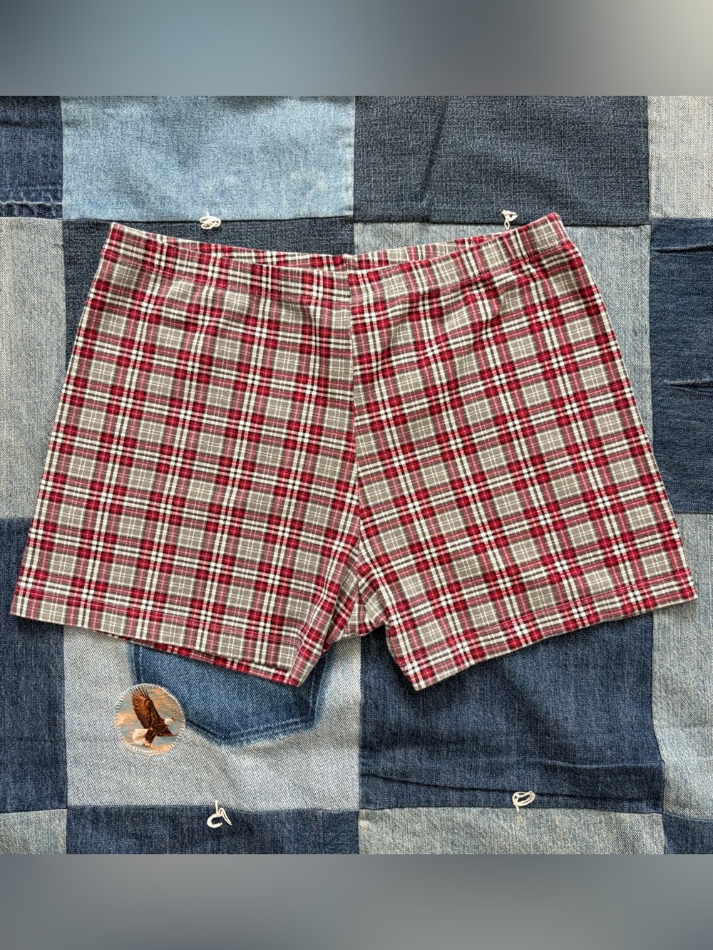 vintage plaid athletic works mini shorts stretch hot pants red grey size L